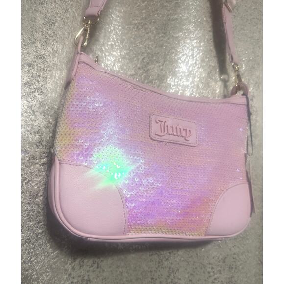NWT Juicy Couture Blank Canvas Crossbody Purse Bag Lt Pink Iridescent Sequins - Picture 3 of 10